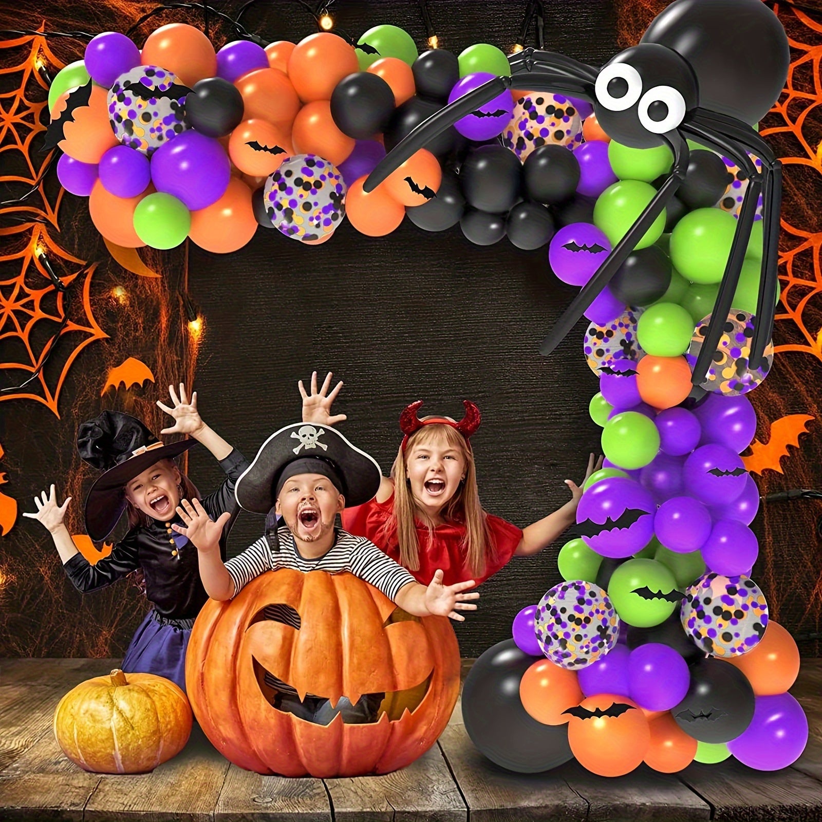 102pcs/Set Halloween Theme Purple Green Orange Black Balloon and Purple Confetti Balloon Garland Arch Kit for Halloween Party Decorations Holiday Party Decoration Supplies