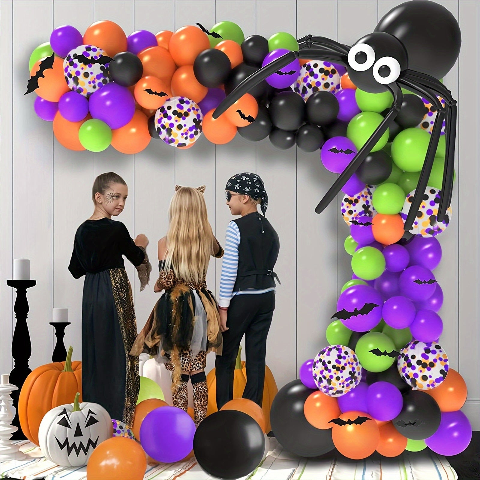 102pcs/Set Halloween Theme Purple Green Orange Black Balloon and Purple Confetti Balloon Garland Arch Kit for Halloween Party Decorations Holiday Party Decoration Supplies