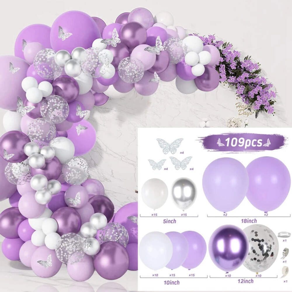 109 pcs Purple Butterfly Balloons Garland Arch Kit Latex Balloon Birthday Party