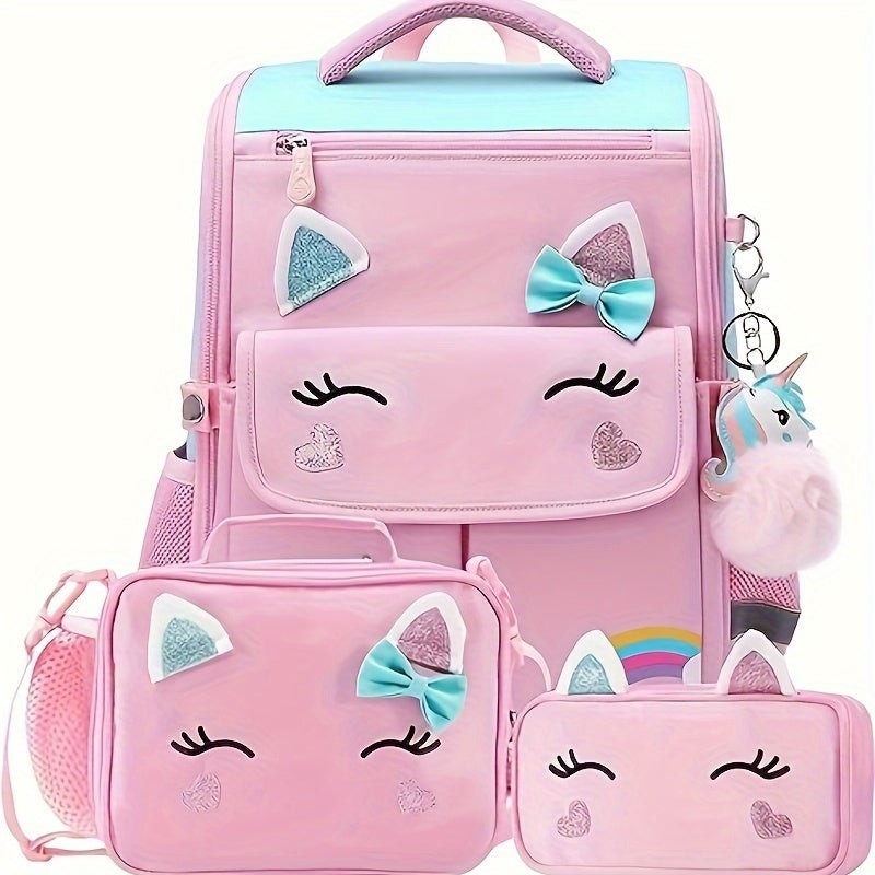 3pc Set Backpack With Lunch Bagx, Kawaii Unicorn Daypack, Cute Cartoon