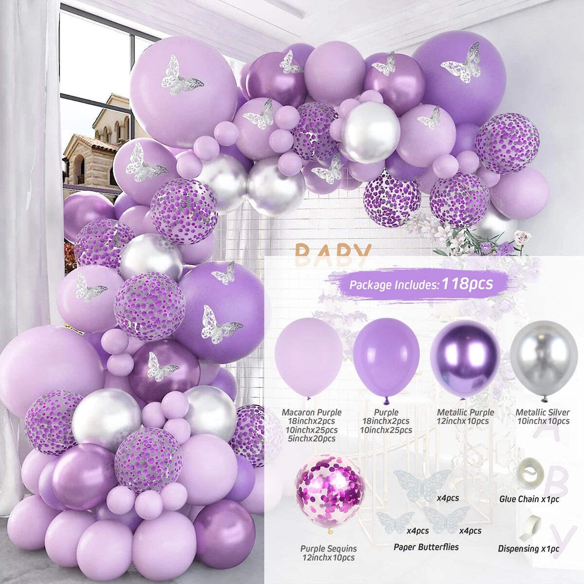 109 pcs Purple Butterfly Balloons Garland Arch Kit Latex Balloon Birthday Party