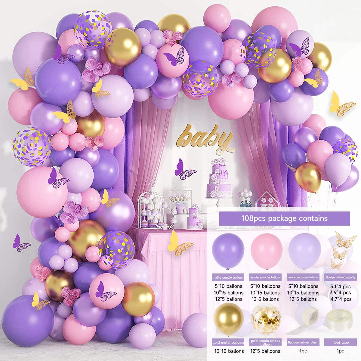 109 pcs Purple Butterfly Balloons Garland Arch Kit Latex Balloon Birthday Party