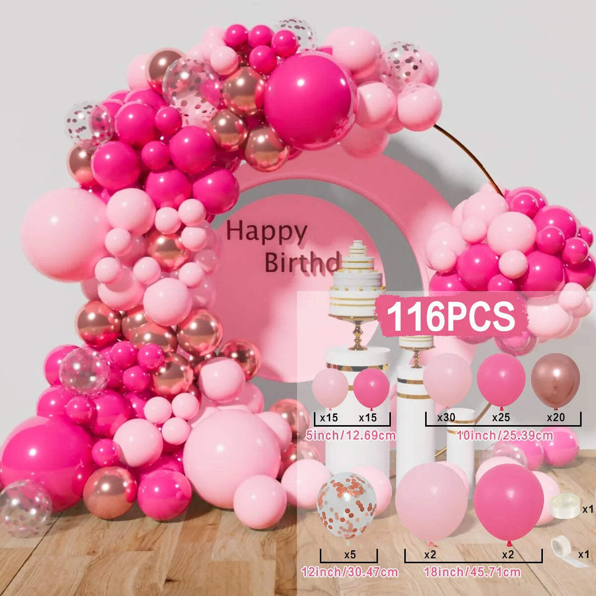 97 pcs Pink Balloon Garland Arch Kit Happy Birthday Party Decor - Baby shower
