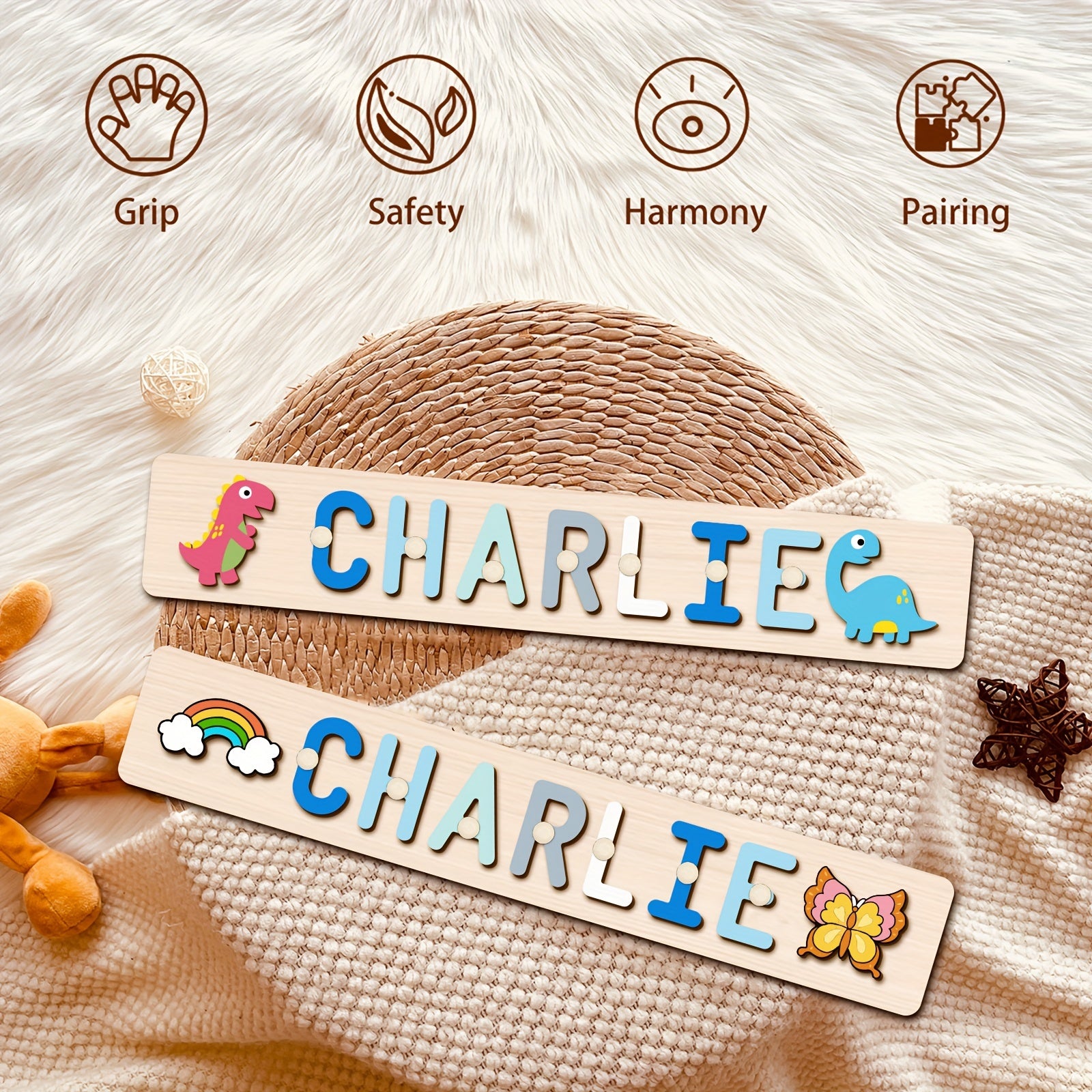 Name Puzzle, Baby-Blue Color Personalized Name Puzzle With 2 Elements, Early Learning Toys, Birthday Gifts, Toys