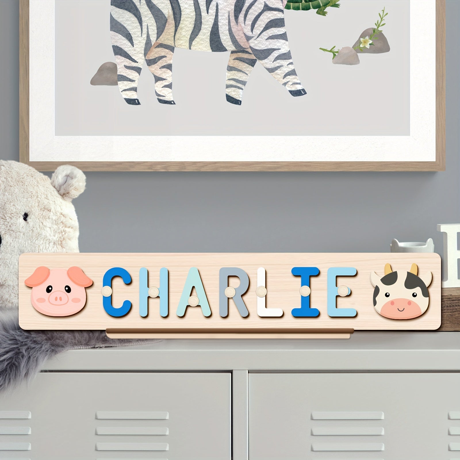 Name Puzzle, Baby-Blue Color Personalized Name Puzzle With 2 Elements, Early Learning Toys, Birthday Gifts, Toys