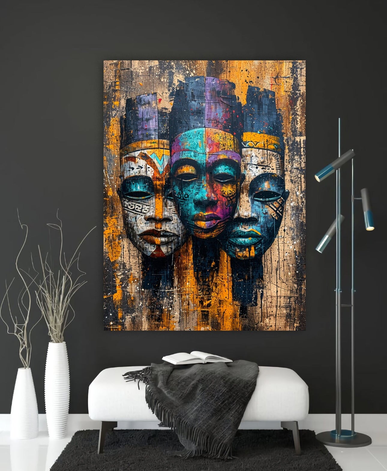 Modern Afrocentric Wall Art - Vibrant Abstract African Masks Canvas - Wall Hangings - 2D Flat Paint