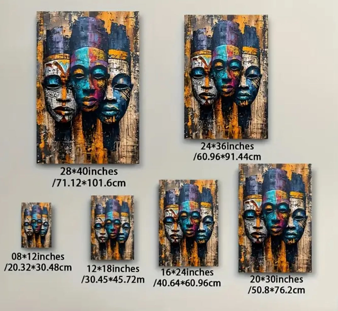 Modern Afrocentric Wall Art - Vibrant Abstract African Masks Canvas - Wall Hangings - 2D Flat Paint
