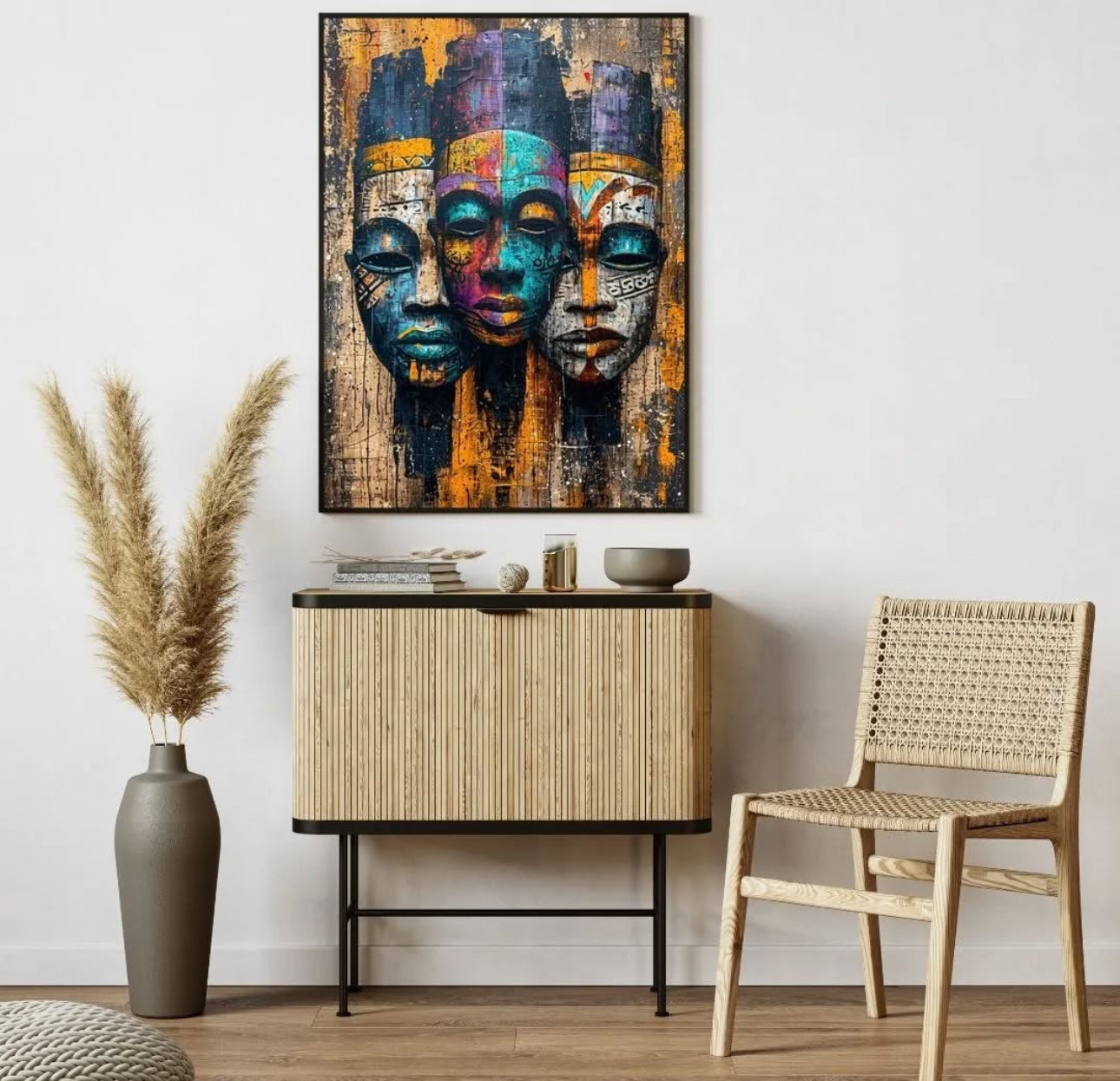 Modern Afrocentric Wall Art - Vibrant Abstract African Masks Canvas - Wall Hangings - 2D Flat Paint