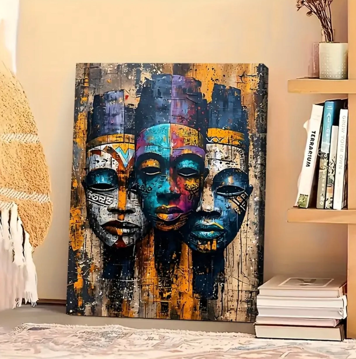 Modern Afrocentric Wall Art - Vibrant Abstract African Masks Canvas - Wall Hangings - 2D Flat Paint