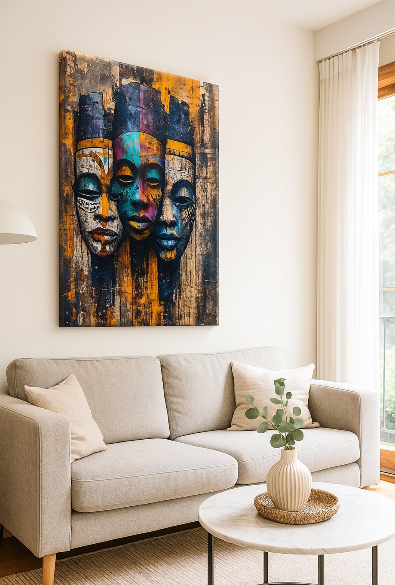 Modern Afrocentric Wall Art - Vibrant Abstract African Masks Canvas - Wall Hangings - 2D Flat Paint