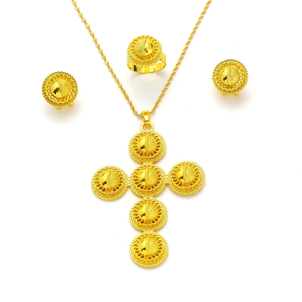 High Quality Gold Color Ethiopian Jewelry Set Necklace Bracelet earring ring Dubai Wedding Bride Habesha sets African Items gift