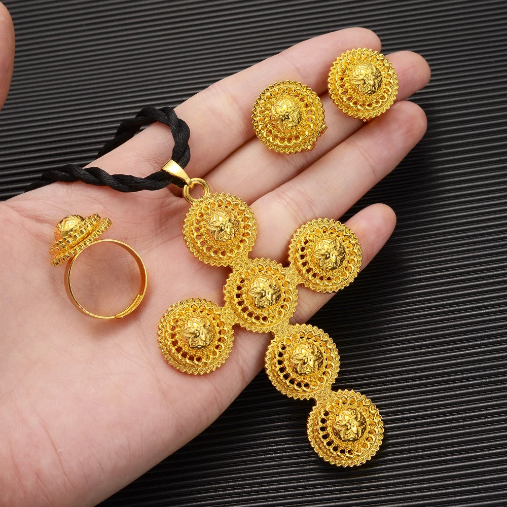 High Quality Gold Color Ethiopian Jewelry Set Necklace Bracelet earring ring Dubai Wedding Bride Habesha sets African Items gift