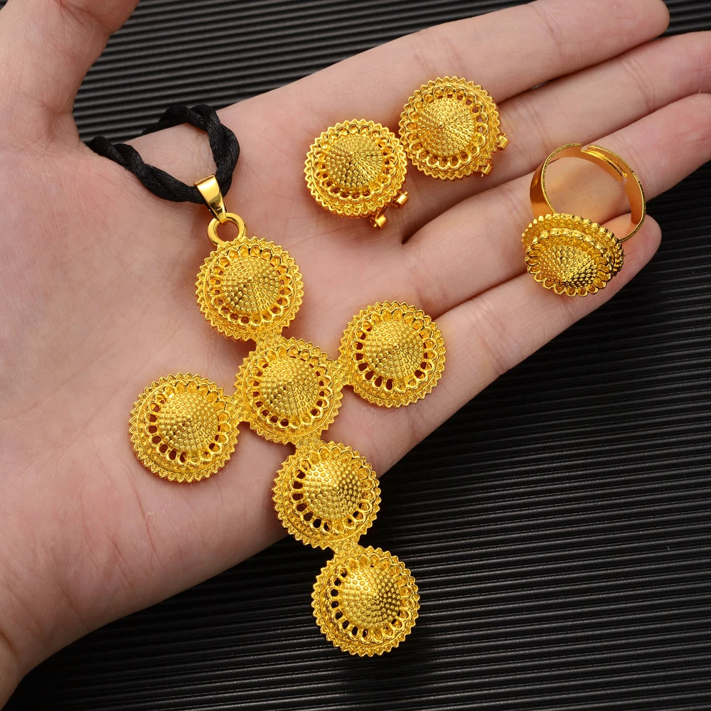 High Quality Gold Color Ethiopian Jewelry Set Necklace Bracelet earring ring Dubai Wedding Bride Habesha sets African Items gift