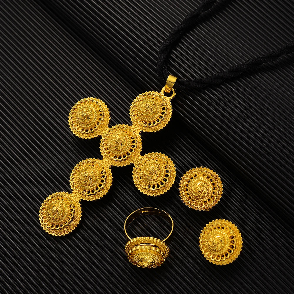 High Quality Gold Color Ethiopian Jewelry Set Necklace Bracelet earring ring Dubai Wedding Bride Habesha sets African Items gift