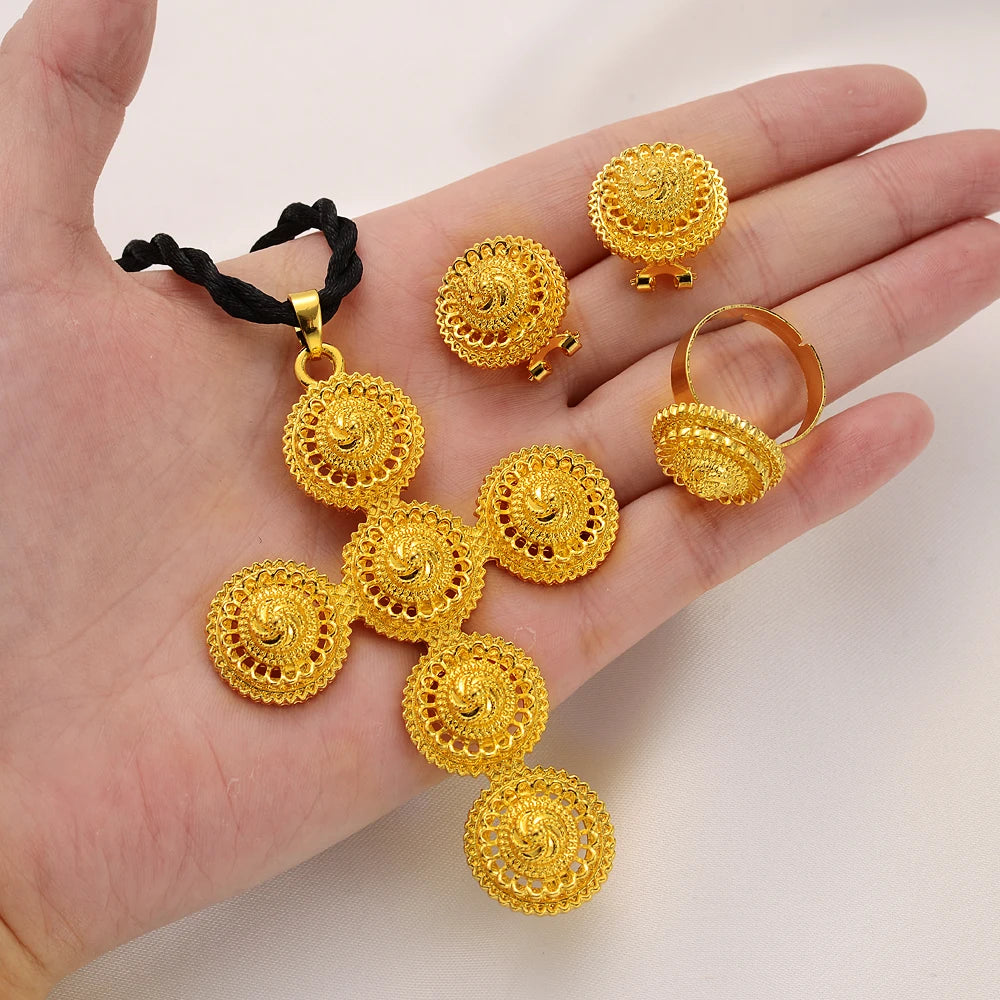 High Quality Gold Color Ethiopian Jewelry Set Necklace Bracelet earring ring Dubai Wedding Bride Habesha sets African Items gift
