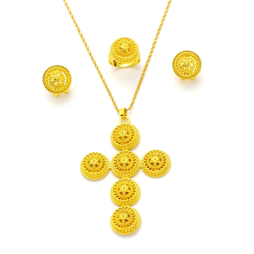 High Quality Gold Color Ethiopian Jewelry Set Necklace Bracelet earring ring Dubai Wedding Bride Habesha sets African Items gift