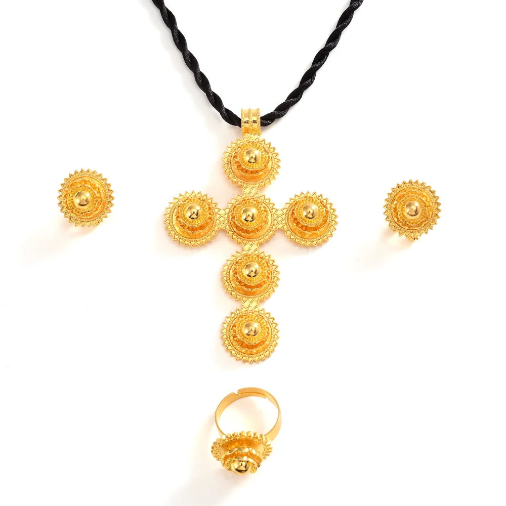 High Quality Gold Color Ethiopian Jewelry Set Necklace Bracelet earring ring Dubai Wedding Bride Habesha sets African Items gift