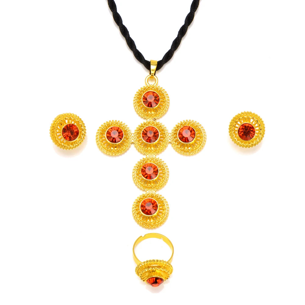 High Quality Gold Color Ethiopian Jewelry Set Necklace Bracelet earring ring Dubai Wedding Bride Habesha sets African Items gift
