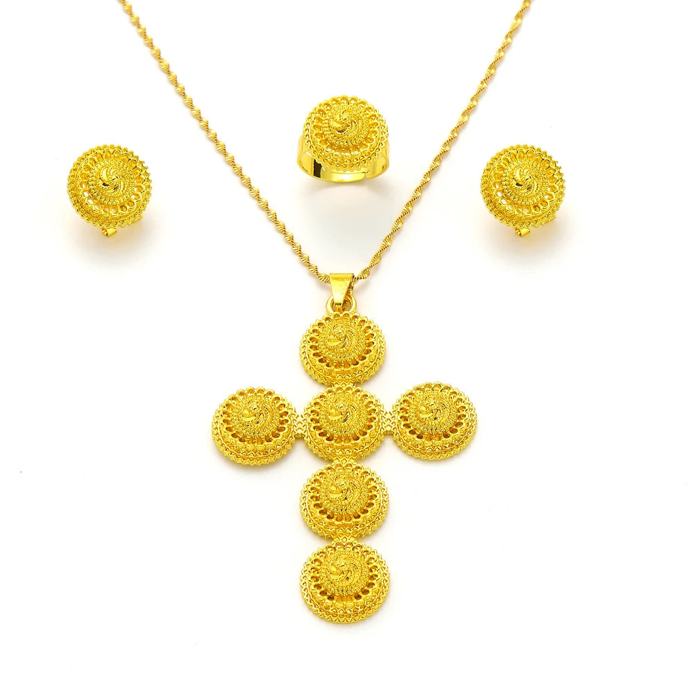High Quality Gold Color Ethiopian Jewelry Set Necklace Bracelet earring ring Dubai Wedding Bride Habesha sets African Items gift