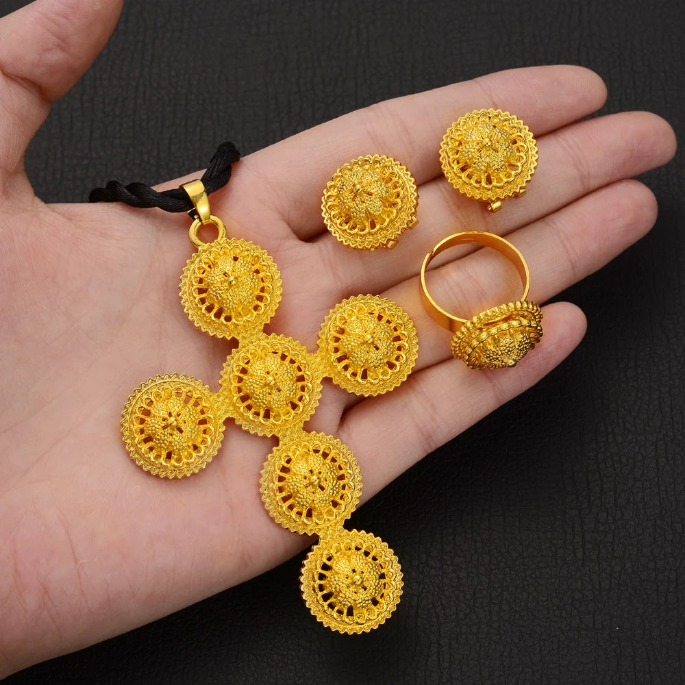 High Quality Gold Color Ethiopian Jewelry Set Necklace Bracelet earring ring Dubai Wedding Bride Habesha sets African Items gift