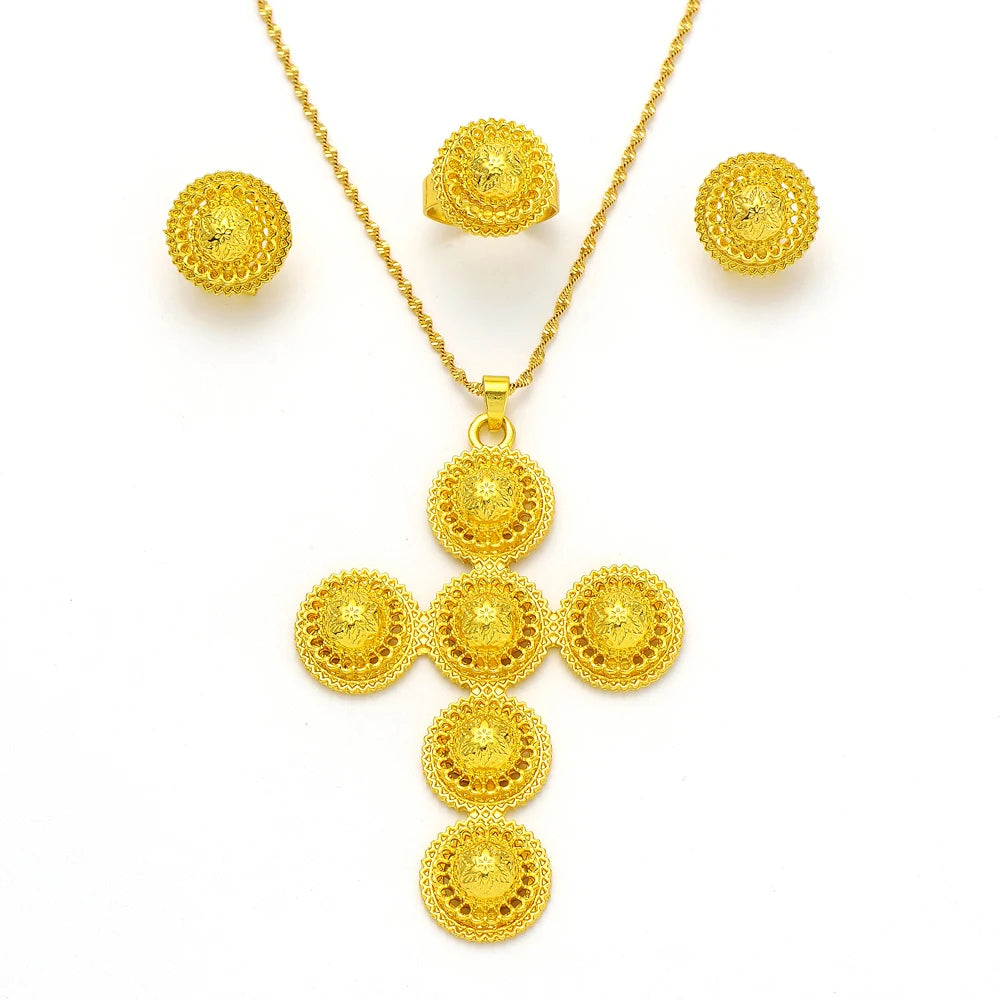 High Quality Gold Color Ethiopian Jewelry Set Necklace Bracelet earring ring Dubai Wedding Bride Habesha sets African Items gift