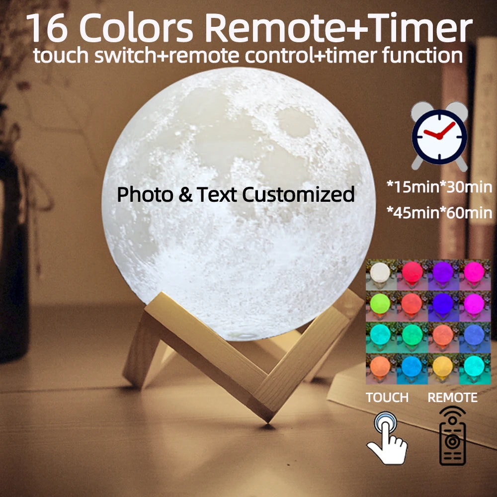 3D Printing Moon Lamp Personalized Photo Text Customized Night Light USB Rechargeable Birthday Mother Day Valentine's Lunar Gift
