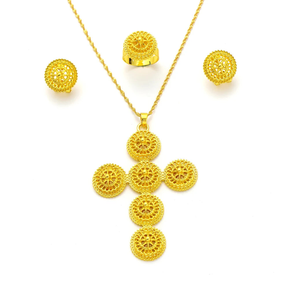 High Quality Gold Color Ethiopian Jewelry Set Necklace Bracelet earring ring Dubai Wedding Bride Habesha sets African Items gift