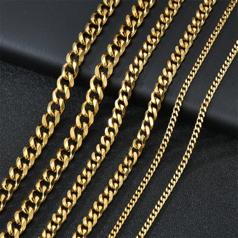 Stainless Steel 3,5,7mm Curb Cuban Necklaces For Men Women Black Gold Color Link Chain Chokers Solid Metal Jewelry