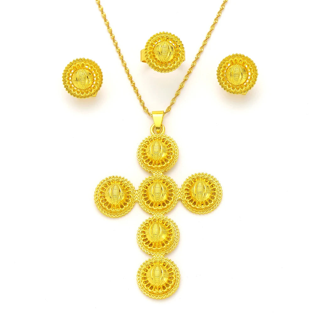 High Quality Gold Color Ethiopian Jewelry Set Necklace Bracelet earring ring Dubai Wedding Bride Habesha sets African Items gift
