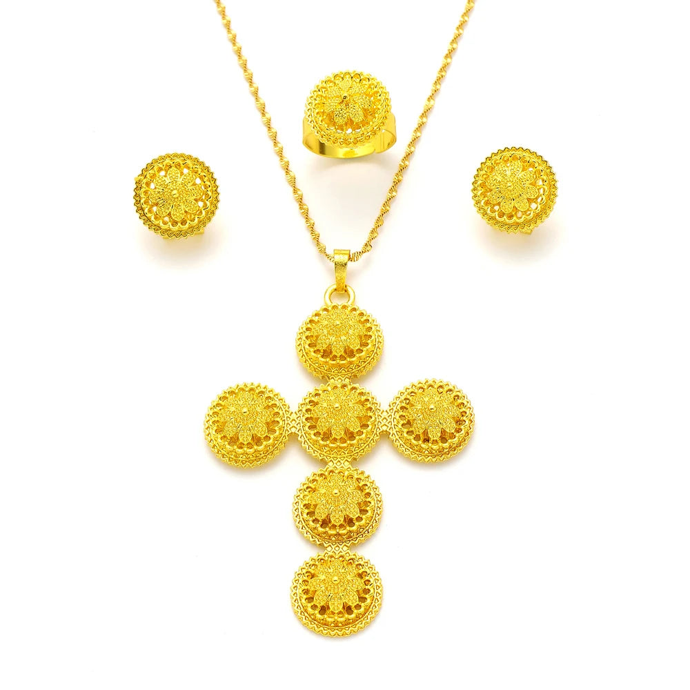 High Quality Gold Color Ethiopian Jewelry Set Necklace Bracelet earring ring Dubai Wedding Bride Habesha sets African Items gift