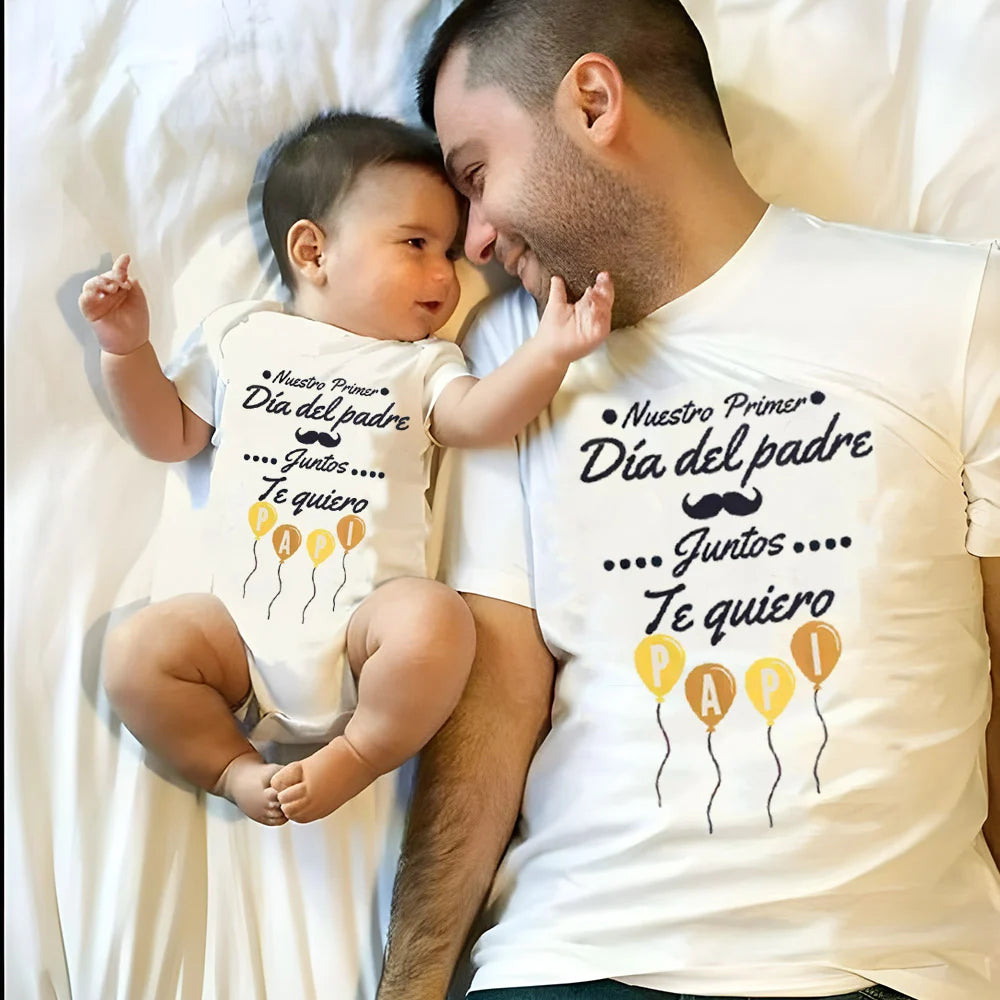 Our First Father's Day Together - Spanish text - Family Outfit Fathers Day Family Matching Outfits Daddy Tshirt+ Baby Romper Festival  Best Gifts