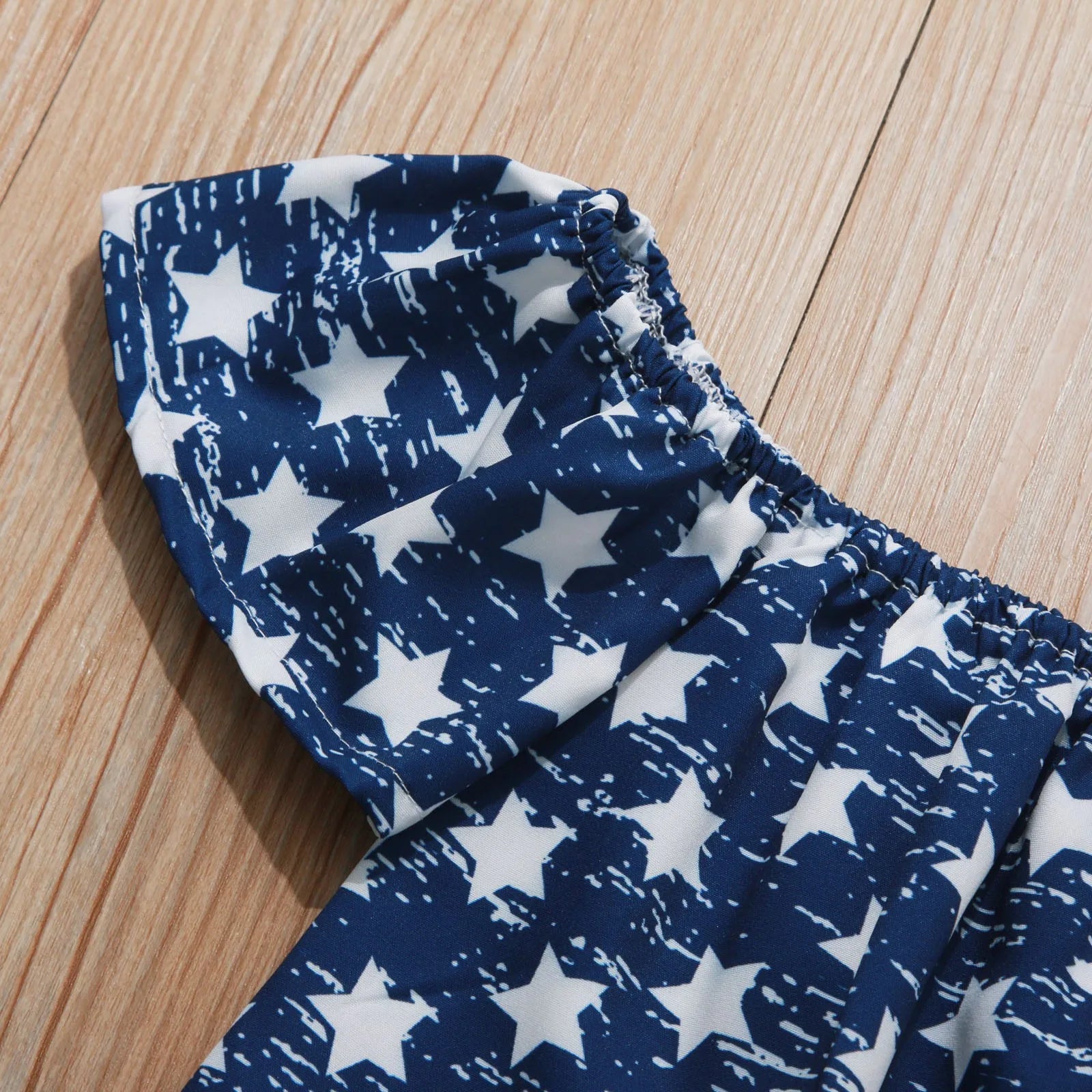 Kids Clothes Girls Summer 3Pcs Outfit Off-shoulder T-shirt with Patchwork Denim Shorts Headband 4th of July Clothing for 1-5Y