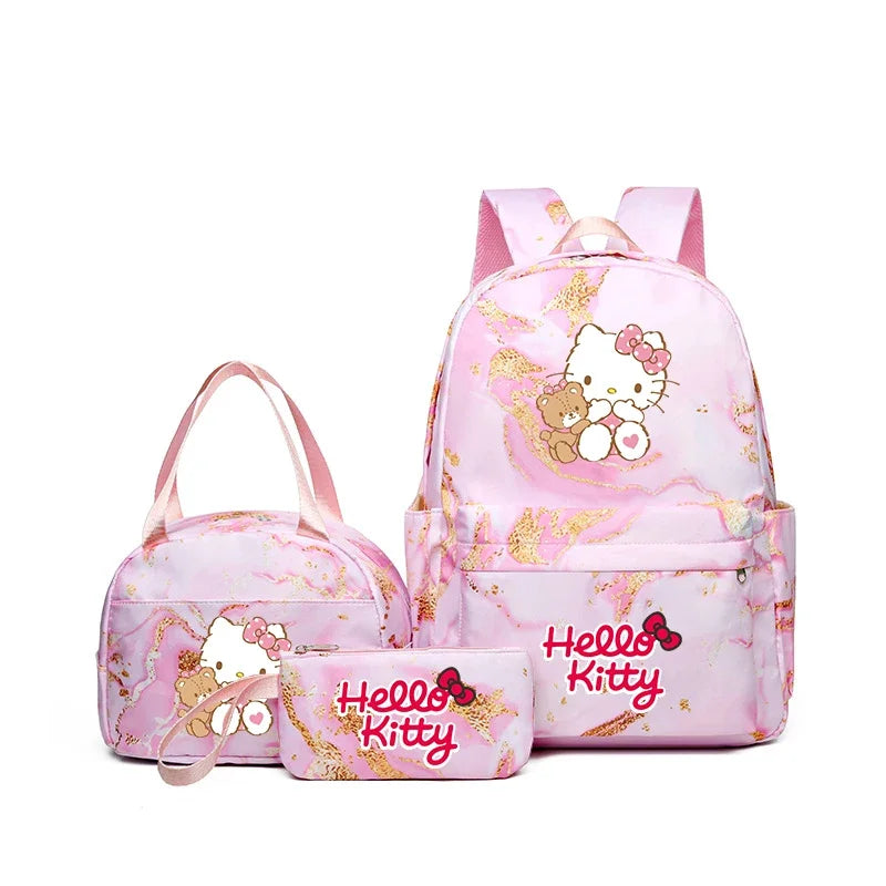 Hello Kitty Large Capacity Schoolbag Set, Cartoon Anime Backpack, Kids Girl Travel Commute Knapsack With Lunch Bag & Pencil bag