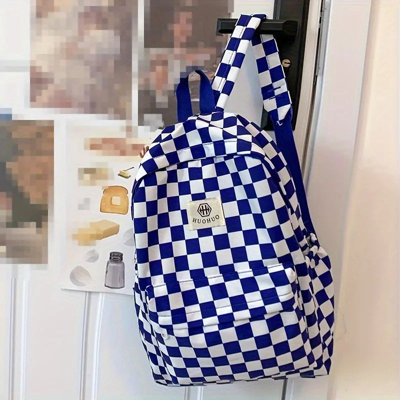 Leisure Backpack Korean Version Checkered Contrasting Color Design, Daily Same Class Backpack, Casual Simple Middle and High Sch