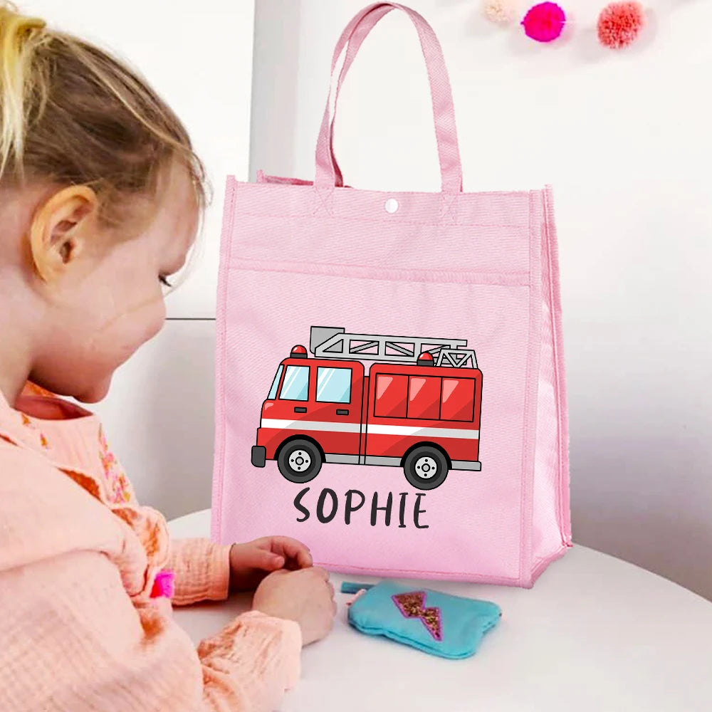 Personalized Kids Library Tote Bag Homeschool Fire Truck with Name Reading Book Bags Children School Bag Birthday Gift for Child