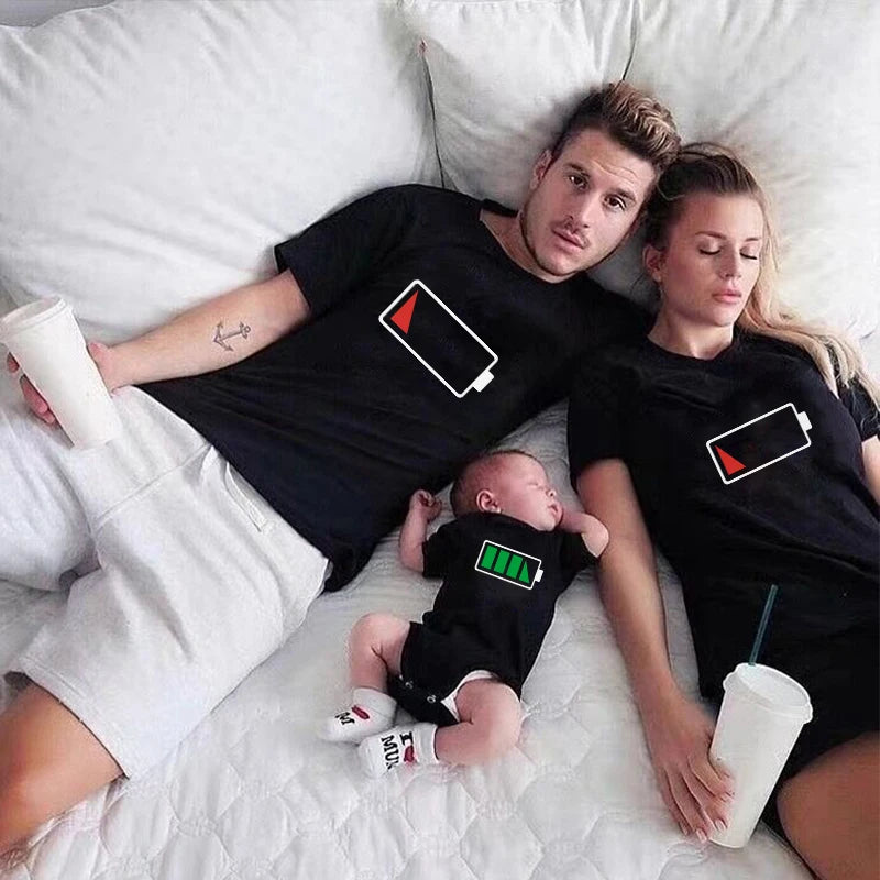Funny Battery Print Family T Shirt - Daddy Son Family Matching T-shirts