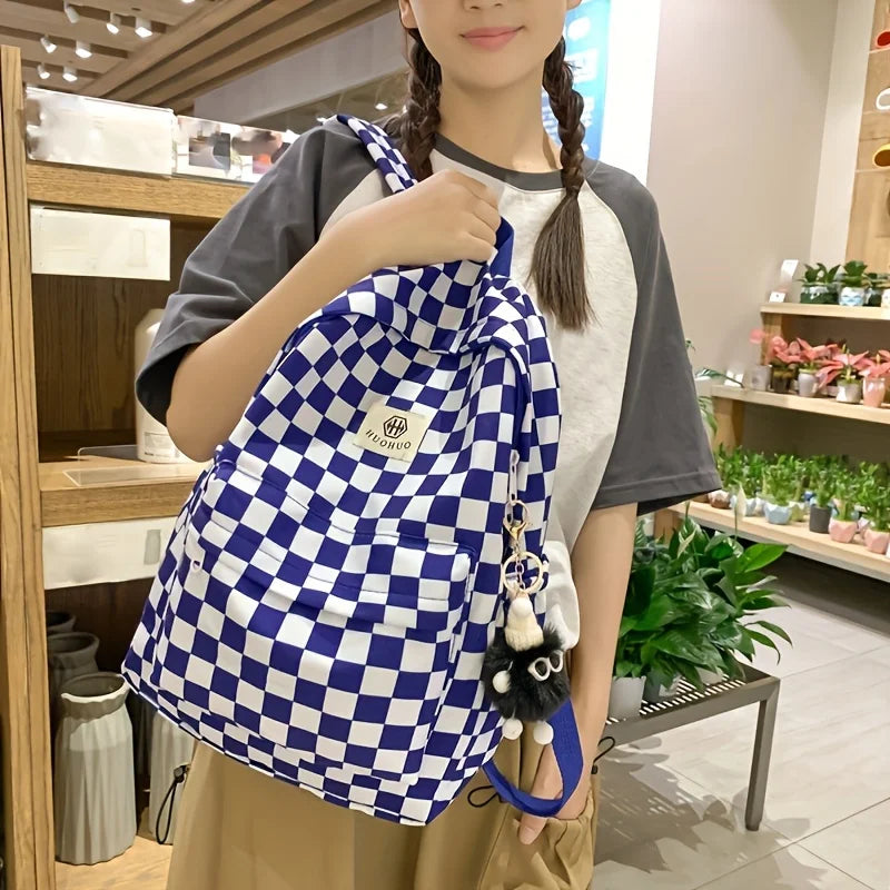 Leisure Backpack Korean Version Checkered Contrasting Color Design, Daily Same Class Backpack, Casual Simple Middle and High Sch