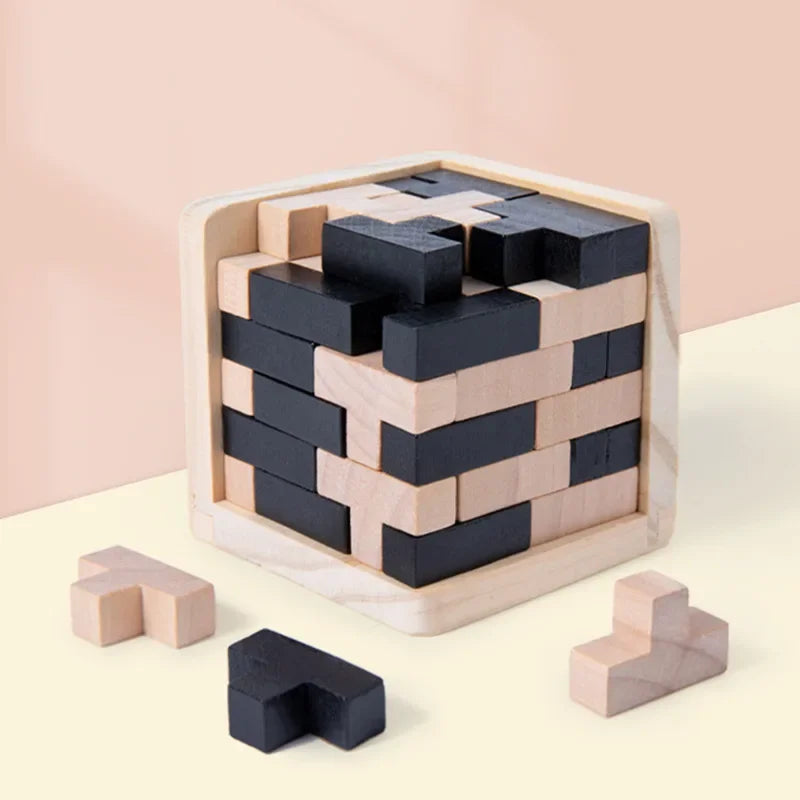 3D Cube Puzzle Interlocking - Creative Educational Wooden Toy - Brain Building Early Learning Game