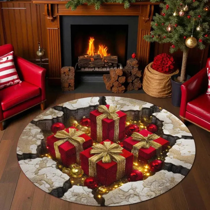 Christmas Presents Optical Round Rug 3D Round Holiday Fireplace Area Gift Box Tunnel Carpet Xmas Floor Decor Box Xmas Rug Mat