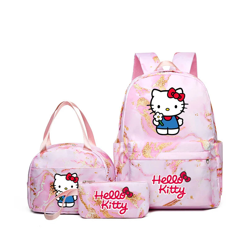 Hello Kitty Large Capacity Schoolbag Set, Cartoon Anime Backpack, Kids Girl Travel Commute Knapsack With Lunch Bag & Pencil bag