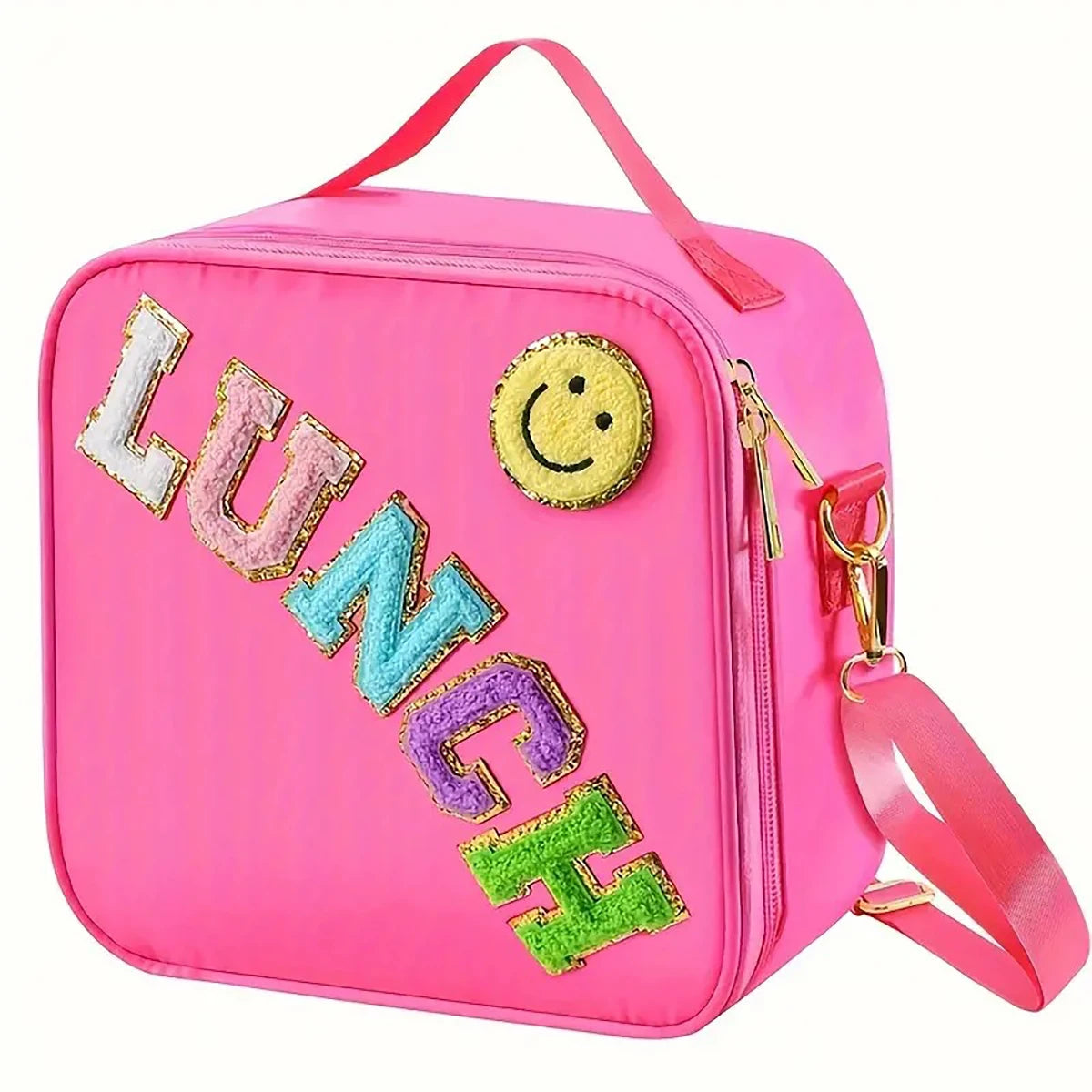 Lunch Bag, Adjustable Strap Insulated Insulated Bag, With Chenille Letter Patch Decor, For School Travel Picnic