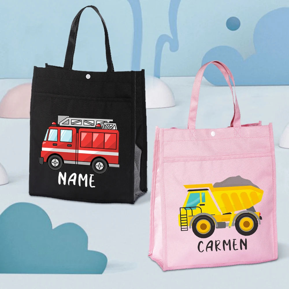 Personalized Kids Library Tote Bag Homeschool Fire Truck with Name Reading Book Bags Children School Bag Birthday Gift for Child