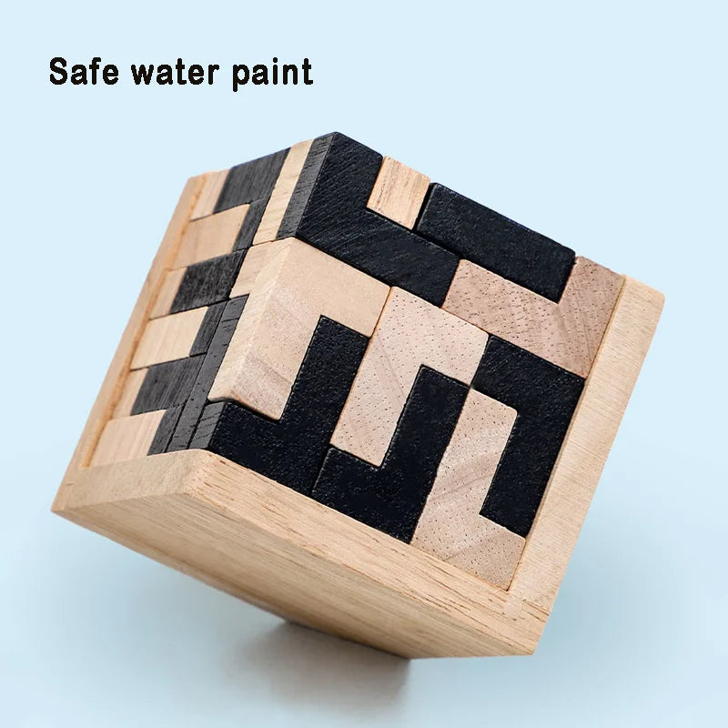 3D Cube Puzzle Interlocking - Creative Educational Wooden Toy - Brain Building Early Learning Game
