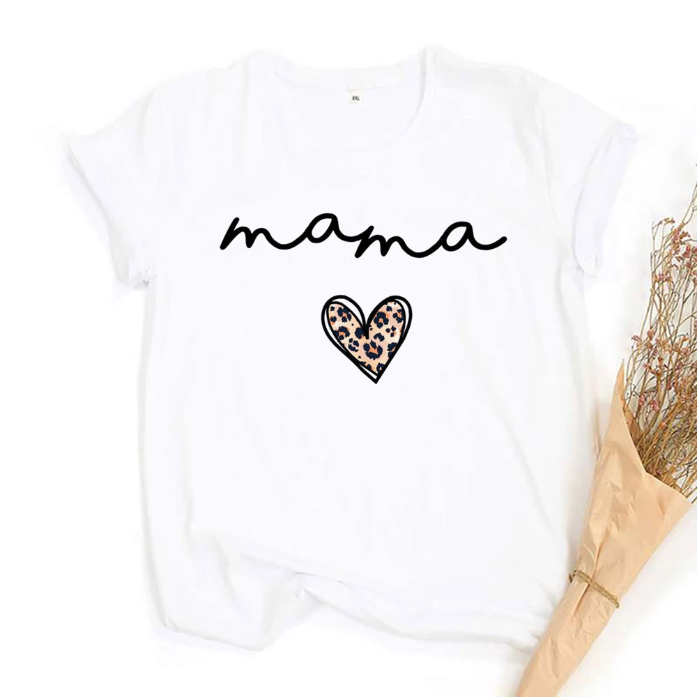 Mama Mimi Leopard Heart Print Family Matching Clothes Mother & Daughter Short Sleeve Outfit Shirt Fashion Mom Girl T-shirt Tops