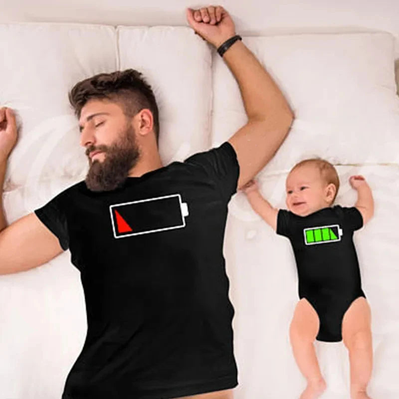 Funny Battery Print Family T Shirt - Daddy Son Family Matching T-shirts