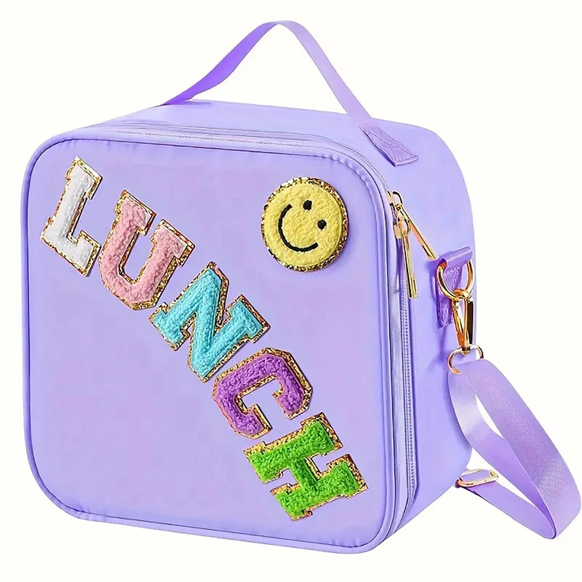 Lunch Bag, Adjustable Strap Insulated Insulated Bag, With Chenille Letter Patch Decor, For School Travel Picnic