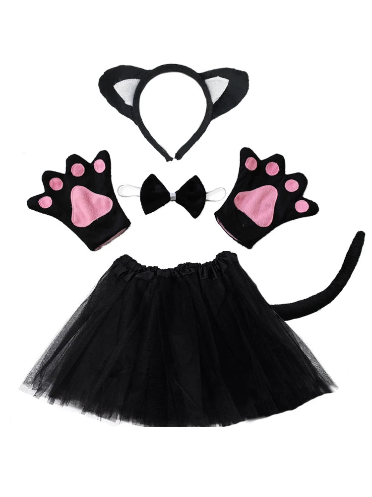 Black Cat White Cat Ear Headband Tutu Skirt Tail Gloves Set School Animal Dress Halloween Carnival Birthday Gift Cosplay Costume
