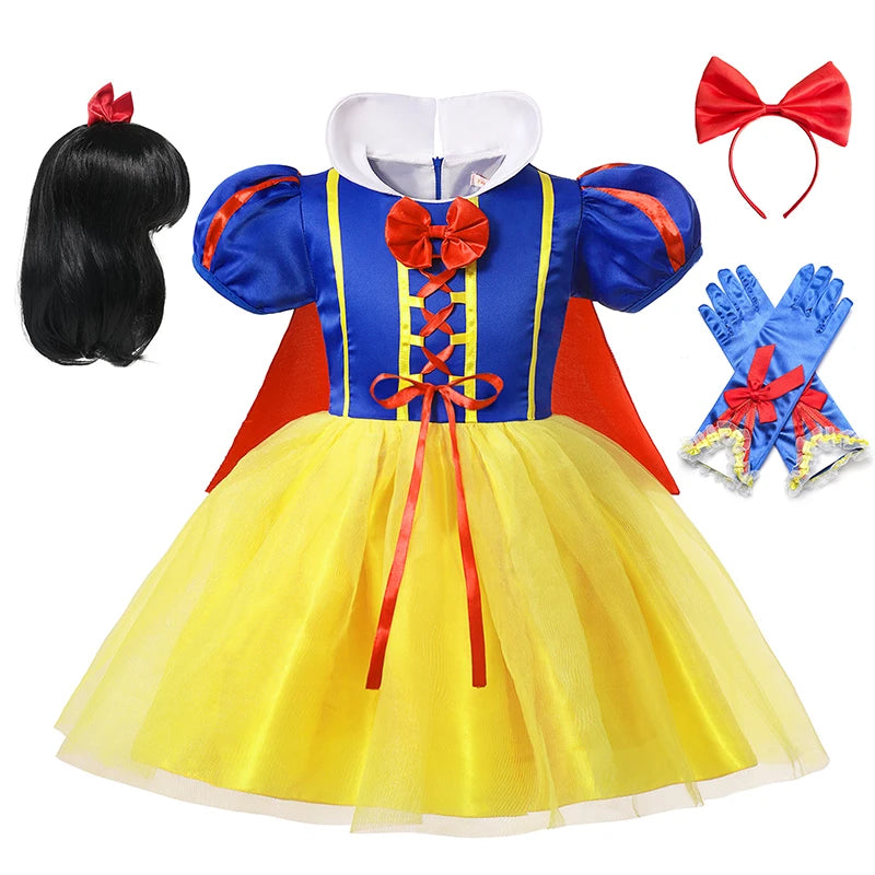 Snow White Princess Dress Kids Girl Costume With Cape Headwear Halloween Carnival - Birthday Party Cosplay Children Clothes