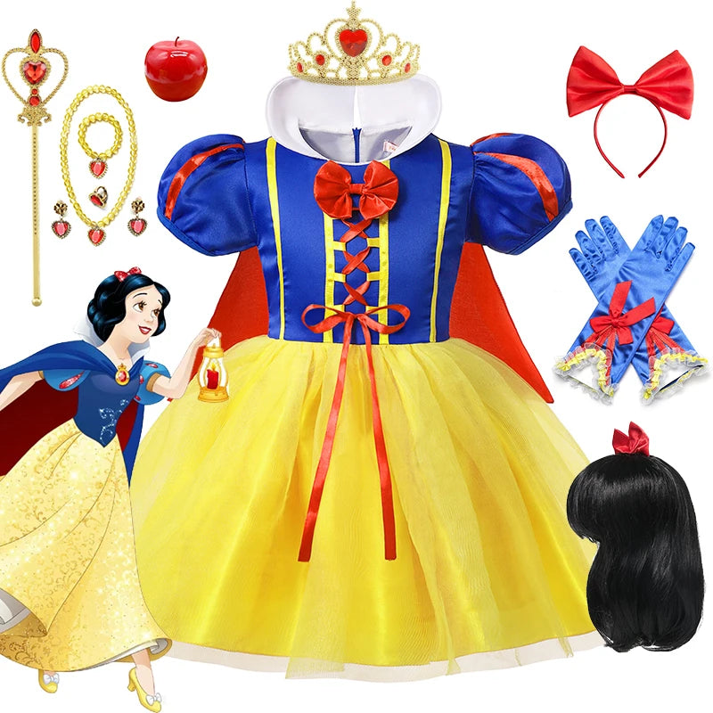Snow White Princess Dress Kids Girl Costume With Cape Headwear Halloween Carnival - Birthday Party Cosplay Children Clothes