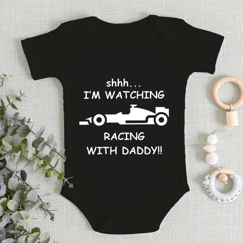 Baby Boy Onesie / Bodysuit -  I'm Watching Racing with Daddy - Short Sleeve 100% Cotton